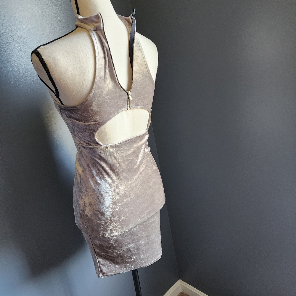 Forever 21 Silver Faux-Velvet Dress with Collar Neckline and Open Back - Picture 5 of 7